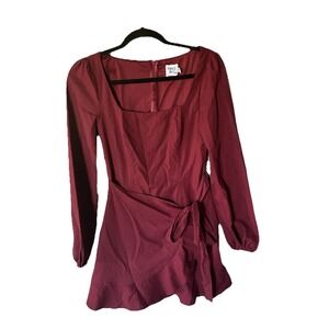 Women's Princess Polly Maroon Linen Blend wrap Dress Size 6 Romantic Goth Vamp